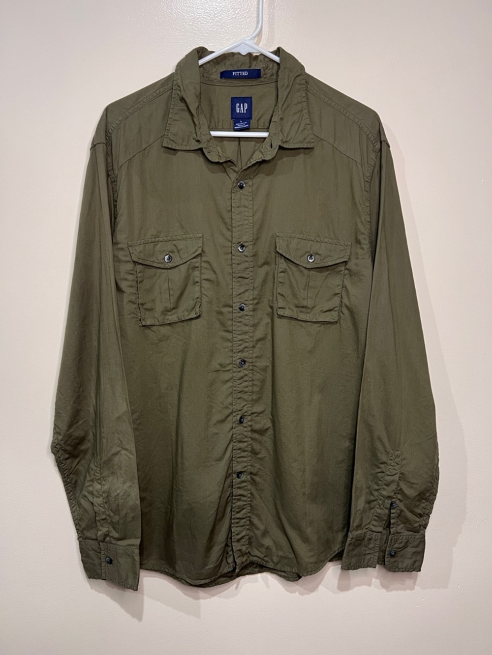 Gap Mens Large Olive Green Button Up Shirt Fitted Cotton Utility Casual